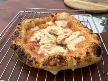 Pizza mit Tomate, Käse, Basilikum und gebräuntem Rand auf einem Metallgitter.