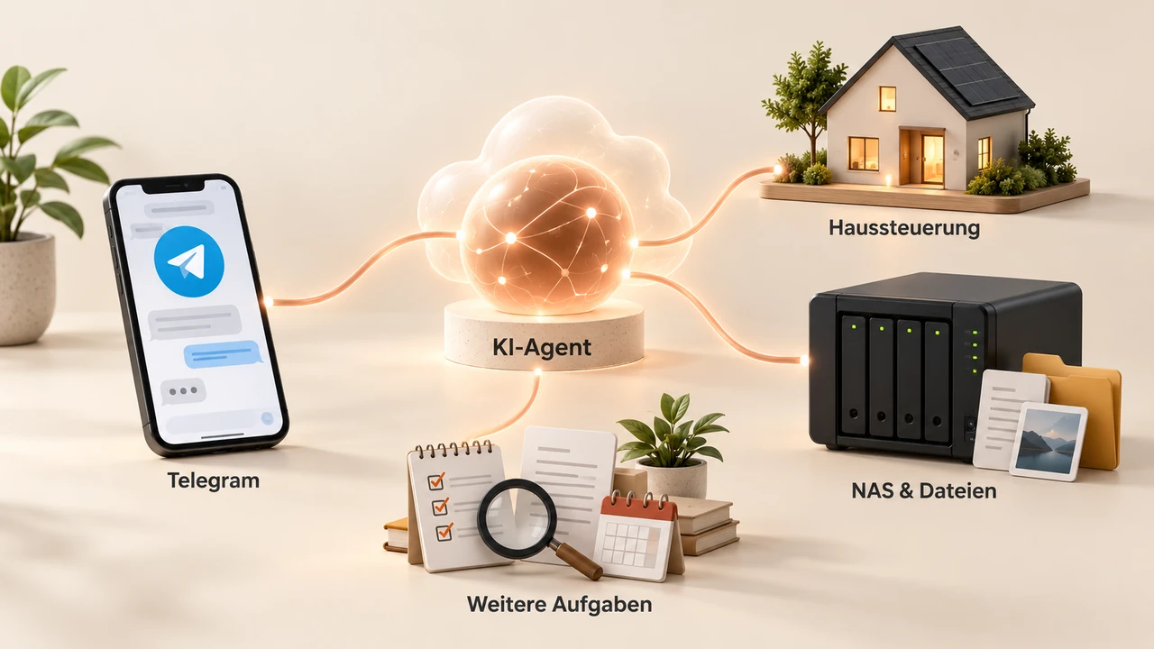 KI-generierte Illustration: Ein Smartphone mit Telegram ist mit einem KI-Agenten verbunden. Weitere Verbindungen führen zu einem Haus, einem NAS mit Dateien und Symbolen für weitere Aufgaben.